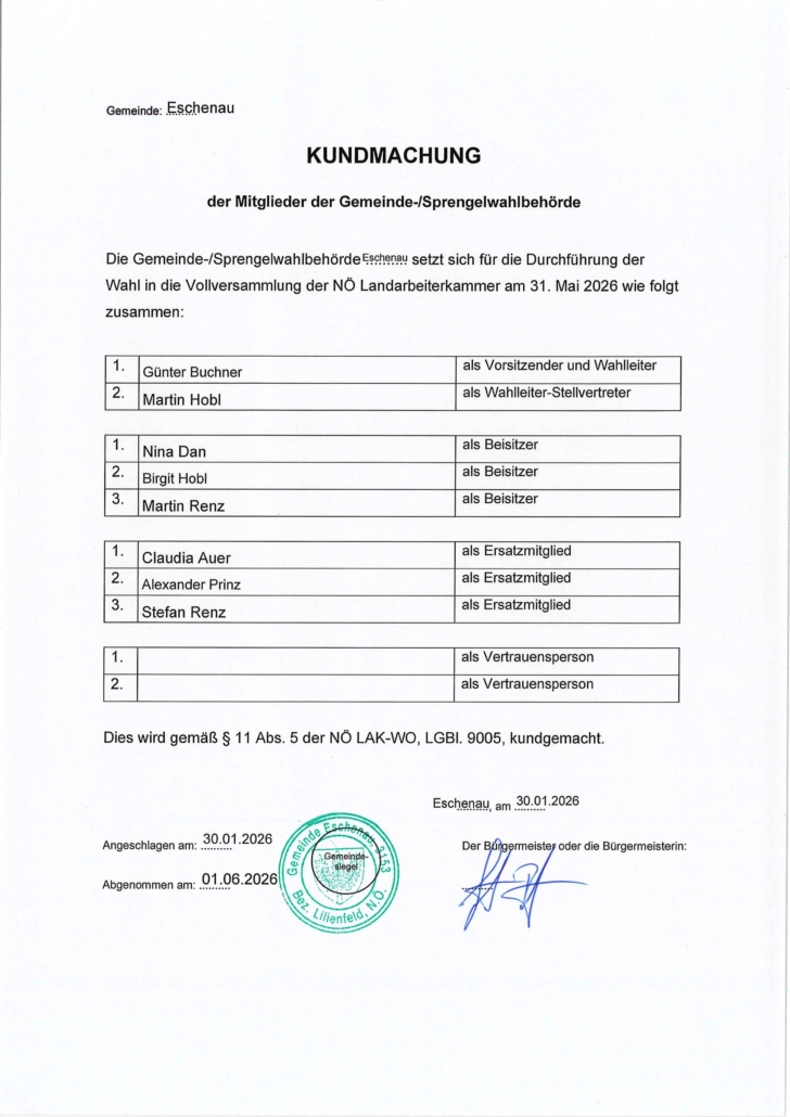 Kundmachung Mitglieder Wahlbehörde